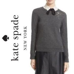 KATE SPADE Grey Embellished jewel Flower BROOCH WOOL Sweater! Size Medium!